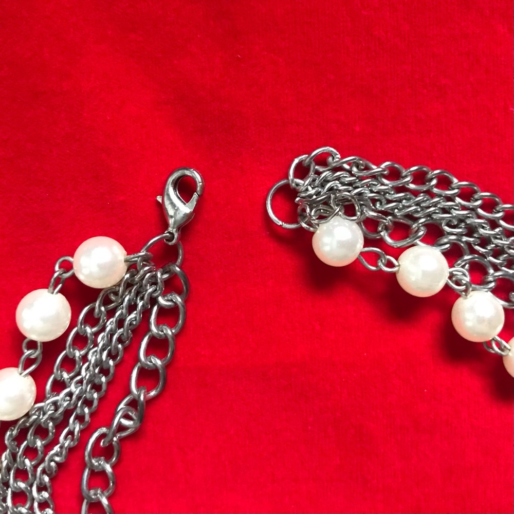 Cuban Link Convertible Layered Row Drape Curb Pave Pearl Silver Chain Necklace - Picture 3 of 6